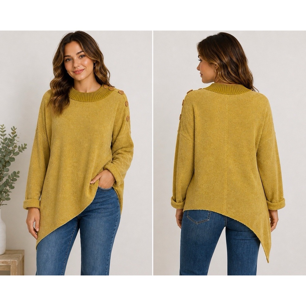 Free People Oversized Asymmetrical Button Neck Pullover Sweater XS Mustard Gold
